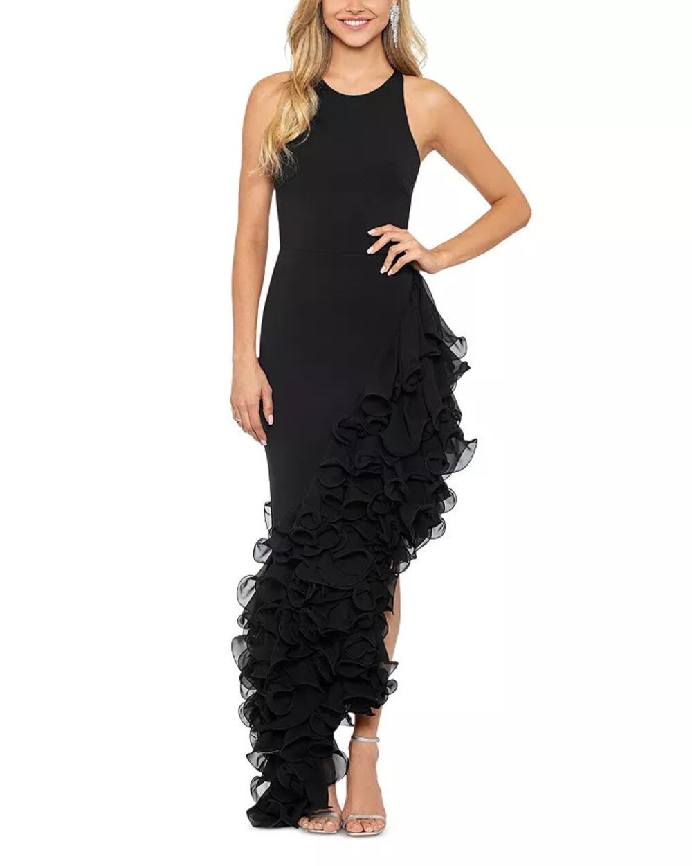 AQUA Ponte Knit Ruffle Formal Evening Dance Gown Black 4 NWT $348